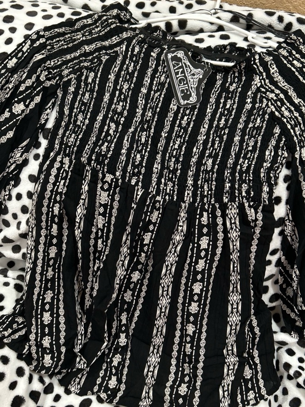 Angie Black and White Smocked Peasant Blouse